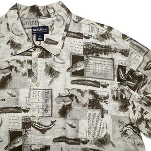 Woolrich Mens Linen Blend Shirt Khaki Fish Charts Size XL Button Up Short Sleeve